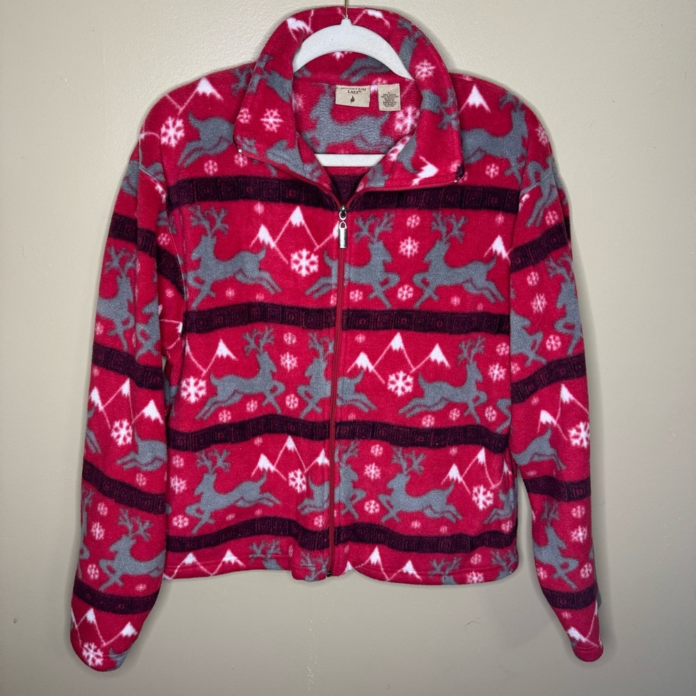 Mountain Lake Zip Up Jacket SZ L Plush Red Polyester Pockets Reindeer Snow